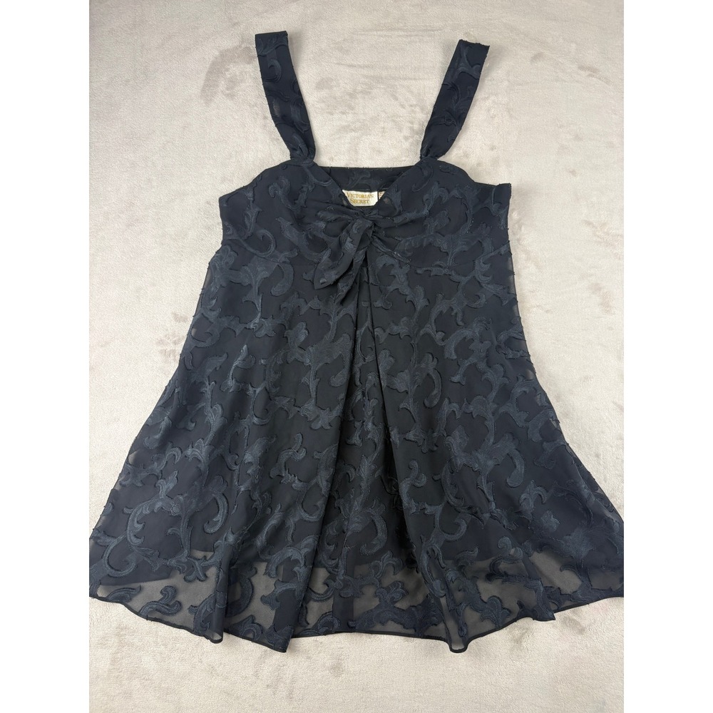 Victorias Secret Gold Label Black Flocked Velvet Damask Babydoll Chemise Small